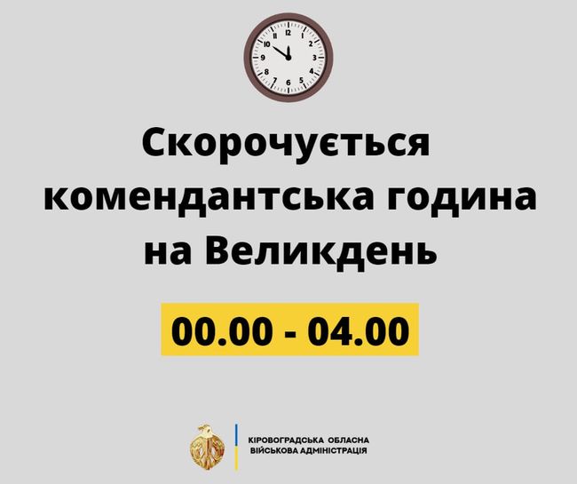 Голова Кіровоградської ОВА повідомив про зміну часу комендантської години на Великодні свята