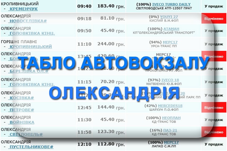 Табло автовокзалу Олександрія: розклад автобусів онлайн