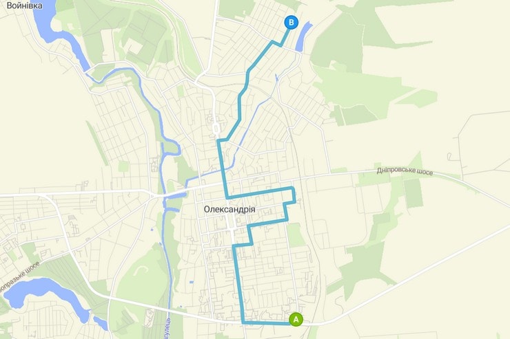 Автобус 5 Олександрія: зворотний маршрут на карті