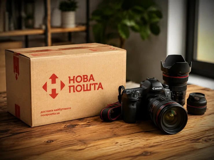 Коробка з логотипом Нової Пошти та камера на дерев'яному столі