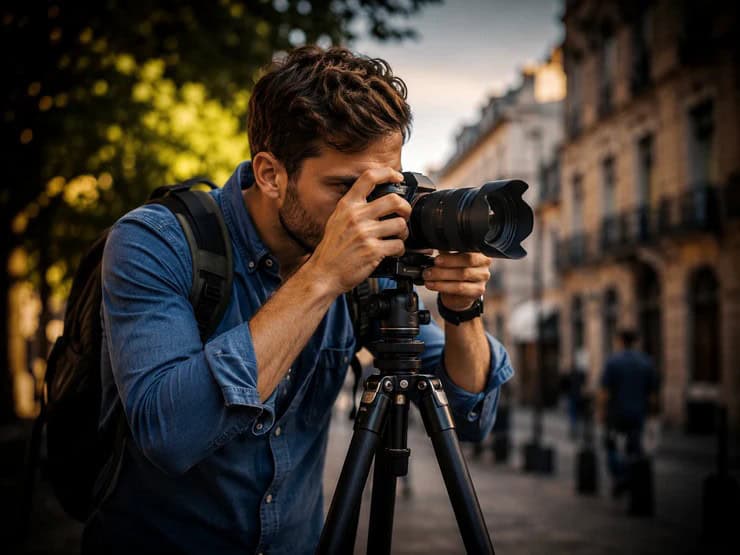 Фотограф у синій сорочці стоїть на вулиці з камерою на штативі
